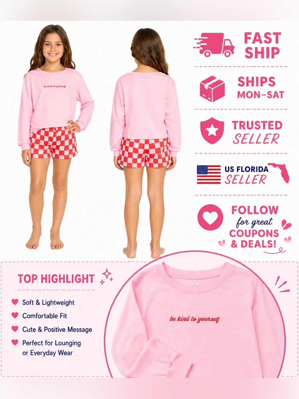 Art Class Girls Size 7/8 Pink Long Sleeve Top & Red Checkered Shorts Set NWT
